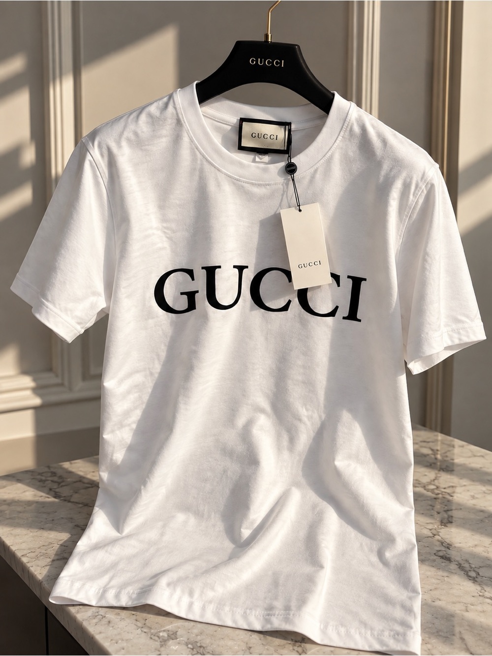 Gucci White Crewneck T-Shirt with Black Logo